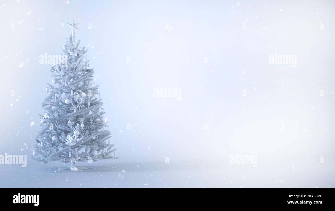 Arbre de Noël blanc avec neige sur fond blanc avec espace pour copier. Banque D'Images