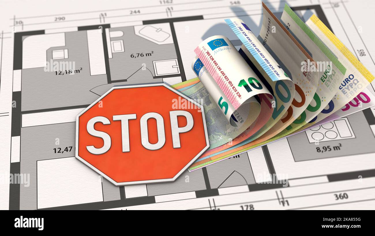 Billets en euros avec PANNEAU D'ARRÊT sur le plan d'étage - Arrêt de construction en raison de l'explosion des coûts Banque D'Images