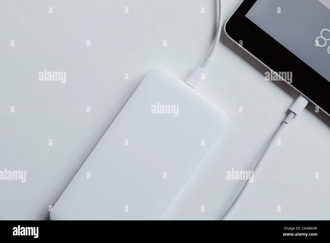 Batterie d'alimentation, chargeur de poche avec câbles branchés sur fond  blanc. Style minimaliste, courant électrique direct Photo Stock - Alamy