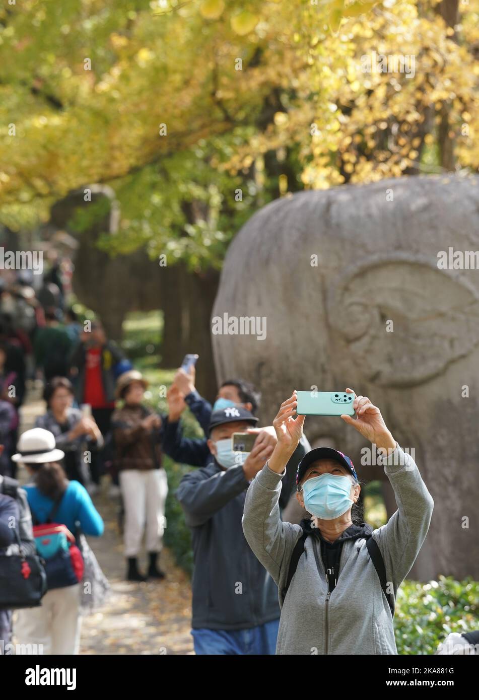 Nanjing, province chinoise du Jiangsu. 1st novembre 2022. Les gens visitent le mausolée impérial de Xiaoling, le lieu de sépulture de l'empereur fondateur de la dynastie Ming (1368-1644) Zhu Yuanzhang, à Nanjing, dans la province de Jiangsu, en Chine orientale, le 1 novembre 2022. Credit: JI Chunpeng/Xinhua/Alamy Live News Banque D'Images