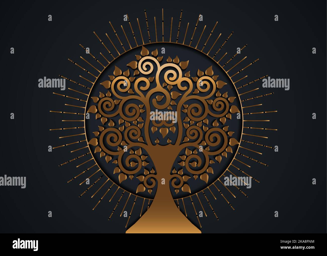 Le modèle de logo de l'arbre de Bodhi, concept de l'arbre doré de la vie, arbre sacré d'or, Ficus religiosa, icône de silhouette de jour de Vesak, symbole de luxe Illustration de Vecteur