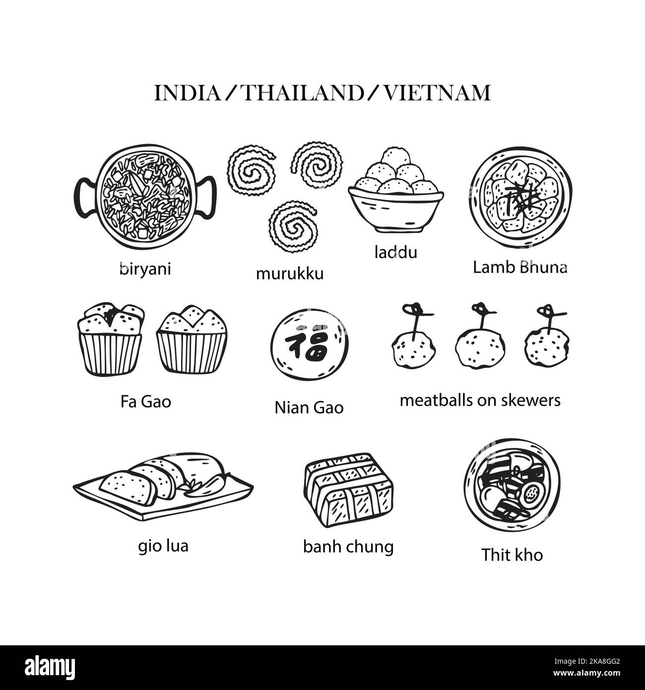 Ensemble de illustrations vectorielles de plats asiatiques de Noël. Nouvelle année. Cuisine traditionnelle du Vietnam, de la Thaïlande et de l'Inde. Illustration de Vecteur