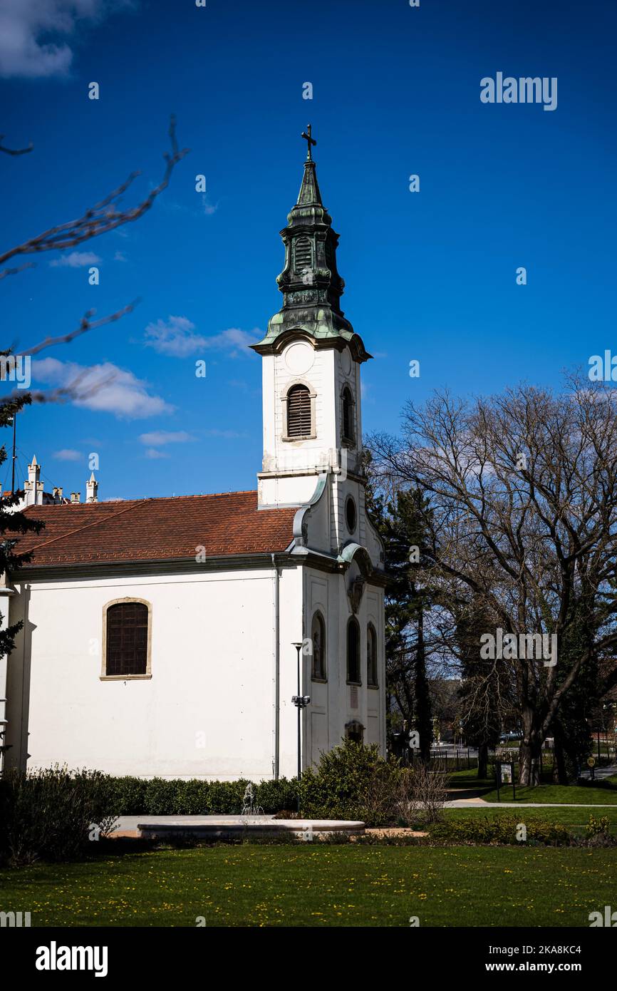 Un cliché vertical du dessin extérieur de l'église de la Nativité de la Sainte Vierge Marie avec des arbres sans feuilles en Hongrie Banque D'Images