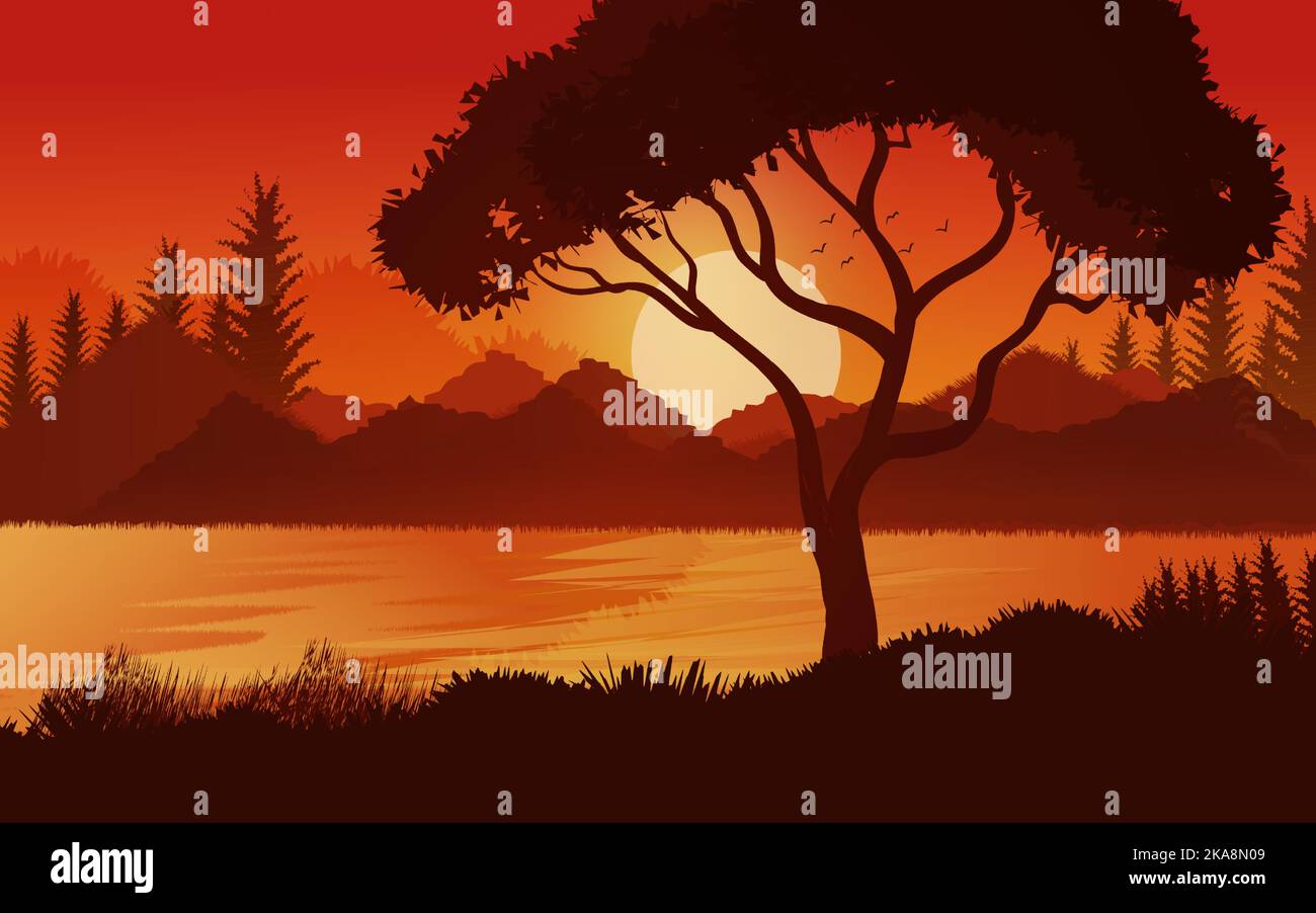 Lac montagnes coucher de soleil paysage illustration fond naturel sauvage Illustration de Vecteur