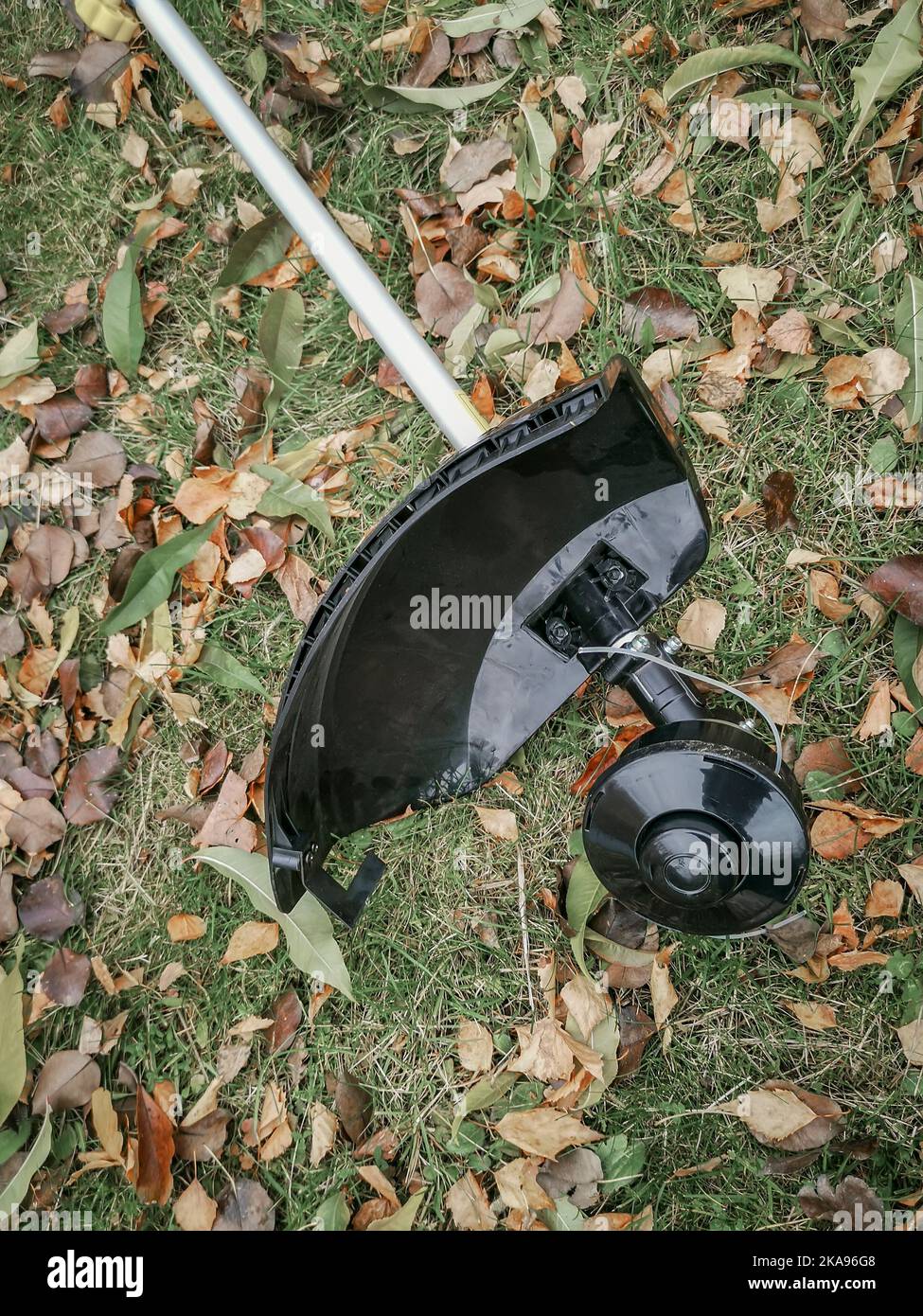 Appareils ménagers: Tondeuse-tondeuse pour tondre les pelouses . Présenté sur un fond d'herbe et de feuilles, vue de face, espace de copie Banque D'Images