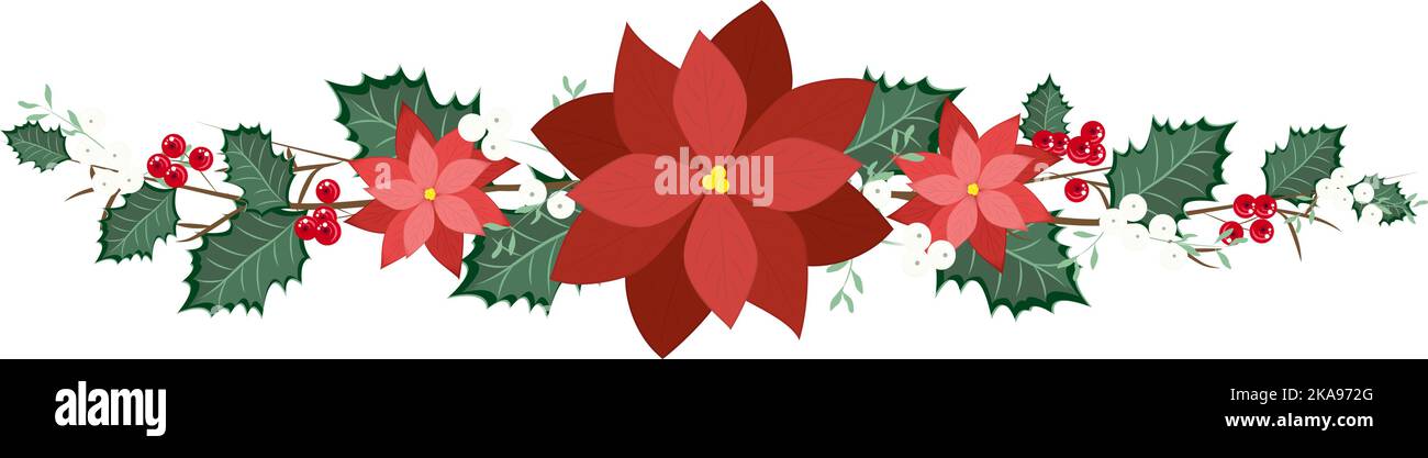 Poinsettia de fleur de Noël avec baies rouges et GUI. Cadre de Noël pour la maison ou toute décoration. Illustration de Vecteur