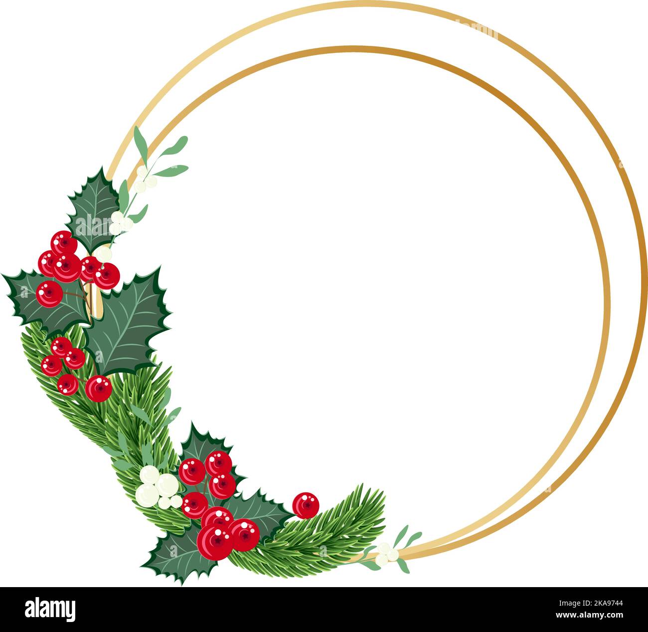 Couronne de Noël. Illustration vectorielle avec cadre rond peint, branches de sapin vert et baies rouges. Décoration de Noël. Illustration de Vecteur