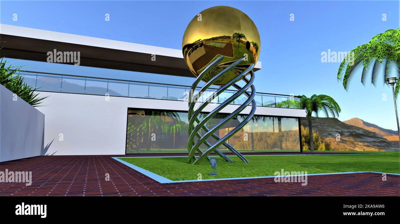 Une installation exclusive de tuyaux courbés chromés tenant une grande boule dorée sur l'herbe verte dans la cour d'une maison moderne de haute technologie. 3d fin Banque D'Images