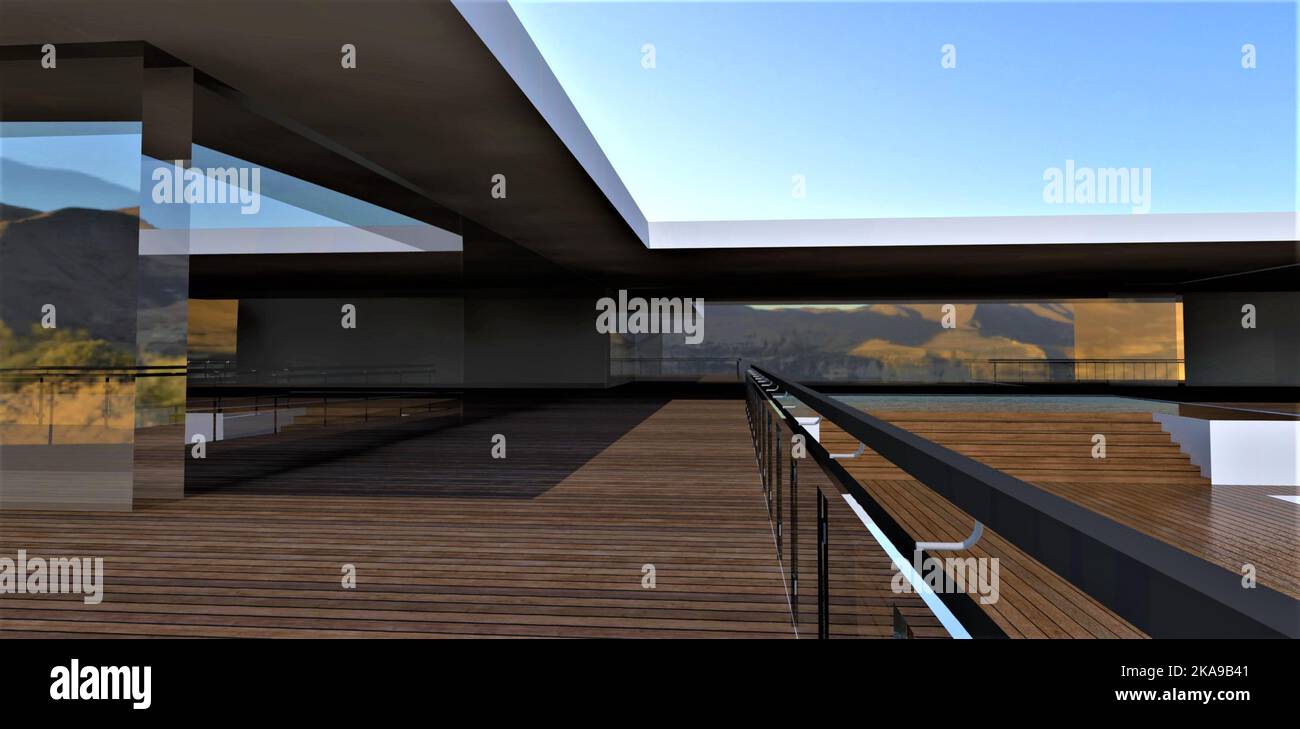 Le concept d'une terrasse spacieuse couverte de terrasse en bois. Un mur de verre solide reflétant le paysage de montagne. 3d rendu. Banque D'Images
