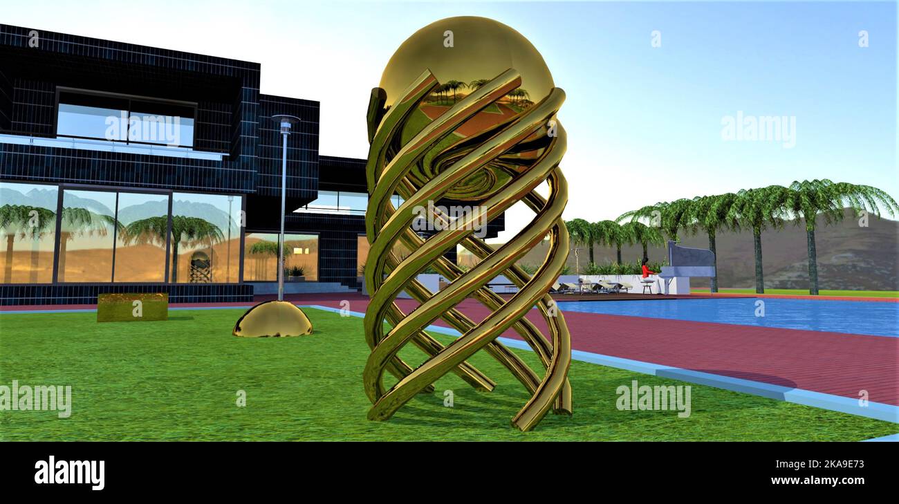 Installation métallique en or pur sous forme de tuyaux entrelacés soutenant une boule sur une pelouse dans la cour d'une maison bordée de panneaux solaires Banque D'Images