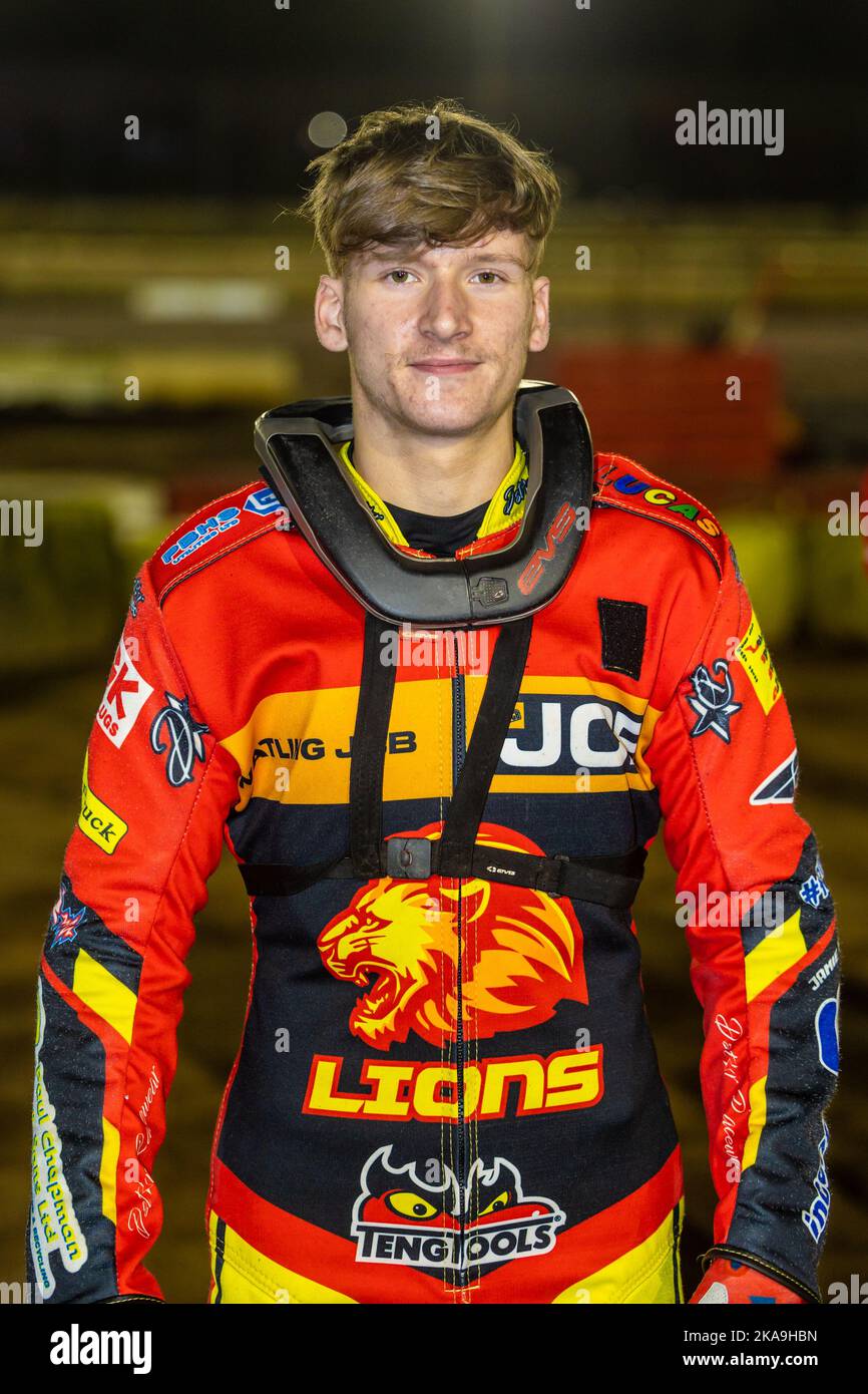 Joe Thompson - pilote et capitaine du Leicester Lion Cubs speedway. Portrait. Banque D'Images