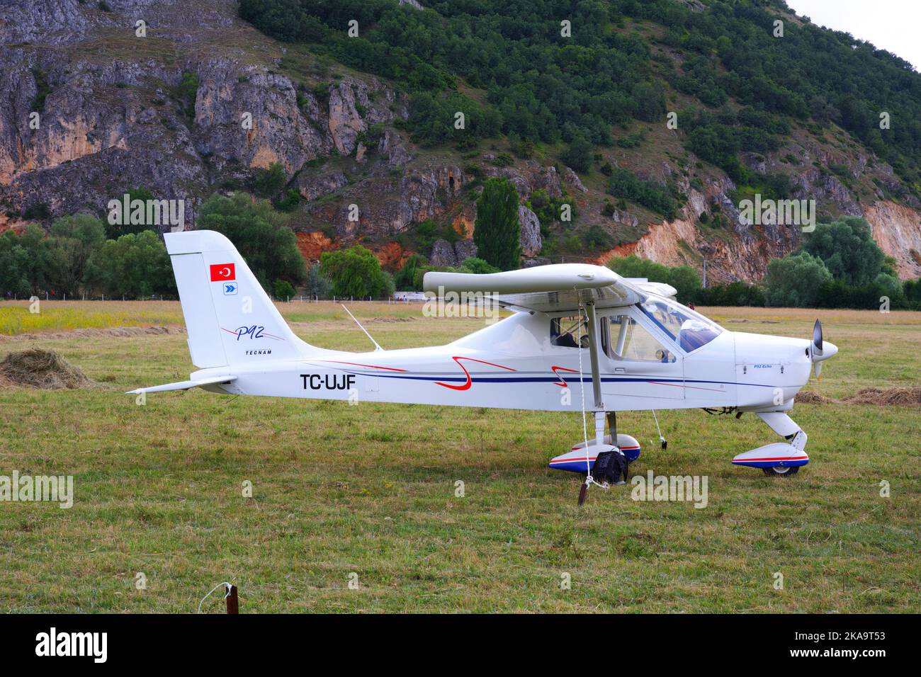 Avion blanc garé sur l'herbe dans une journée ensoleillée à l'extérieur Banque D'Images
