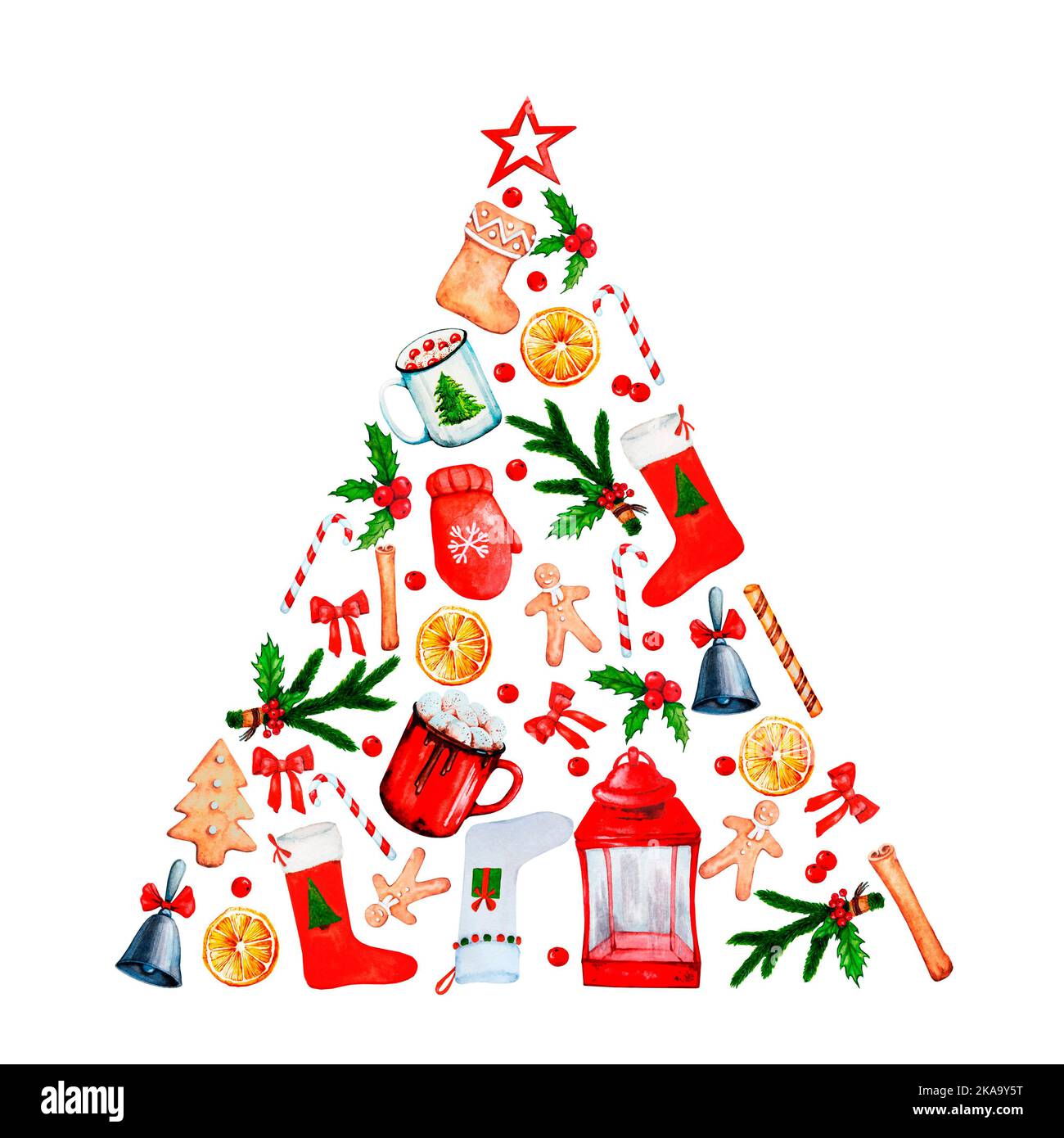 Un arbre de Noël fantastique. Carte de Noël et du nouvel an aquarelle. Éléments isolés sur un fond blanc. Banque D'Images