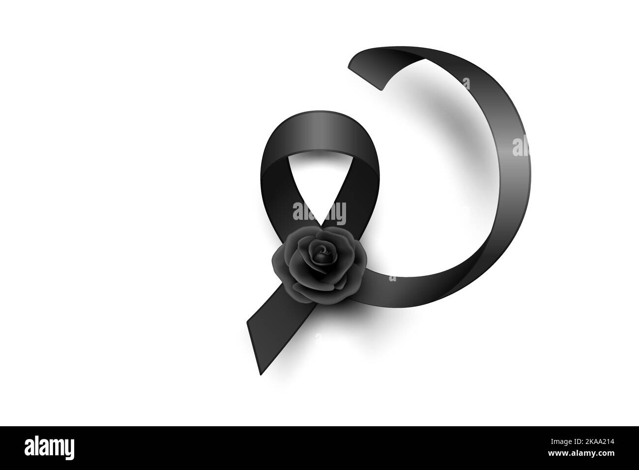 Ruban de soie noir vectoriel avec rose noire. Modèle de conception pour carte funéraire, bannière, invitation. Ruban de sensibilisation noir isolé sur fond blanc Illustration de Vecteur