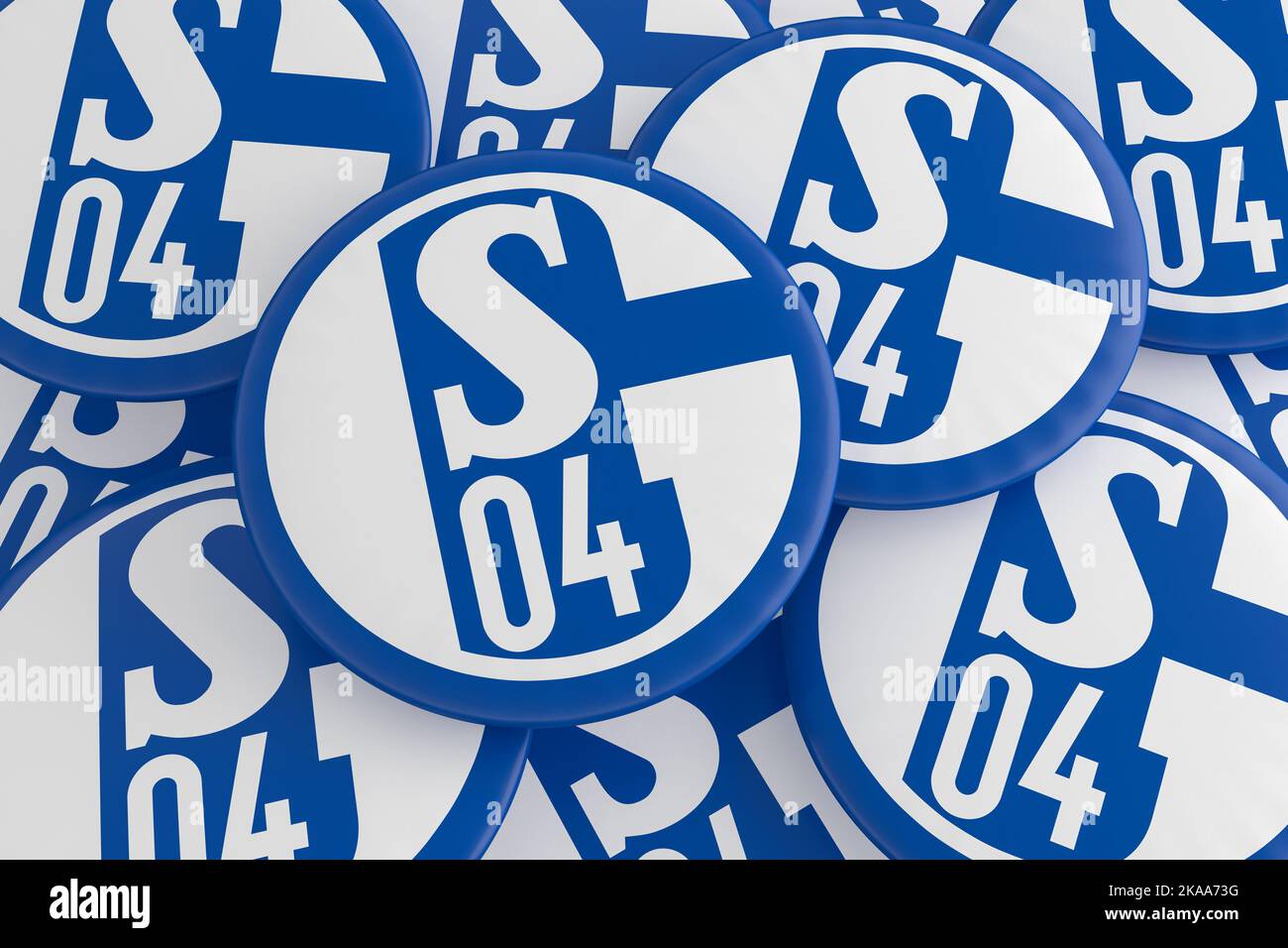 Badges Bundesliga allemands : pile de boutons de logo Schalke 04, illustration 3D Banque D'Images