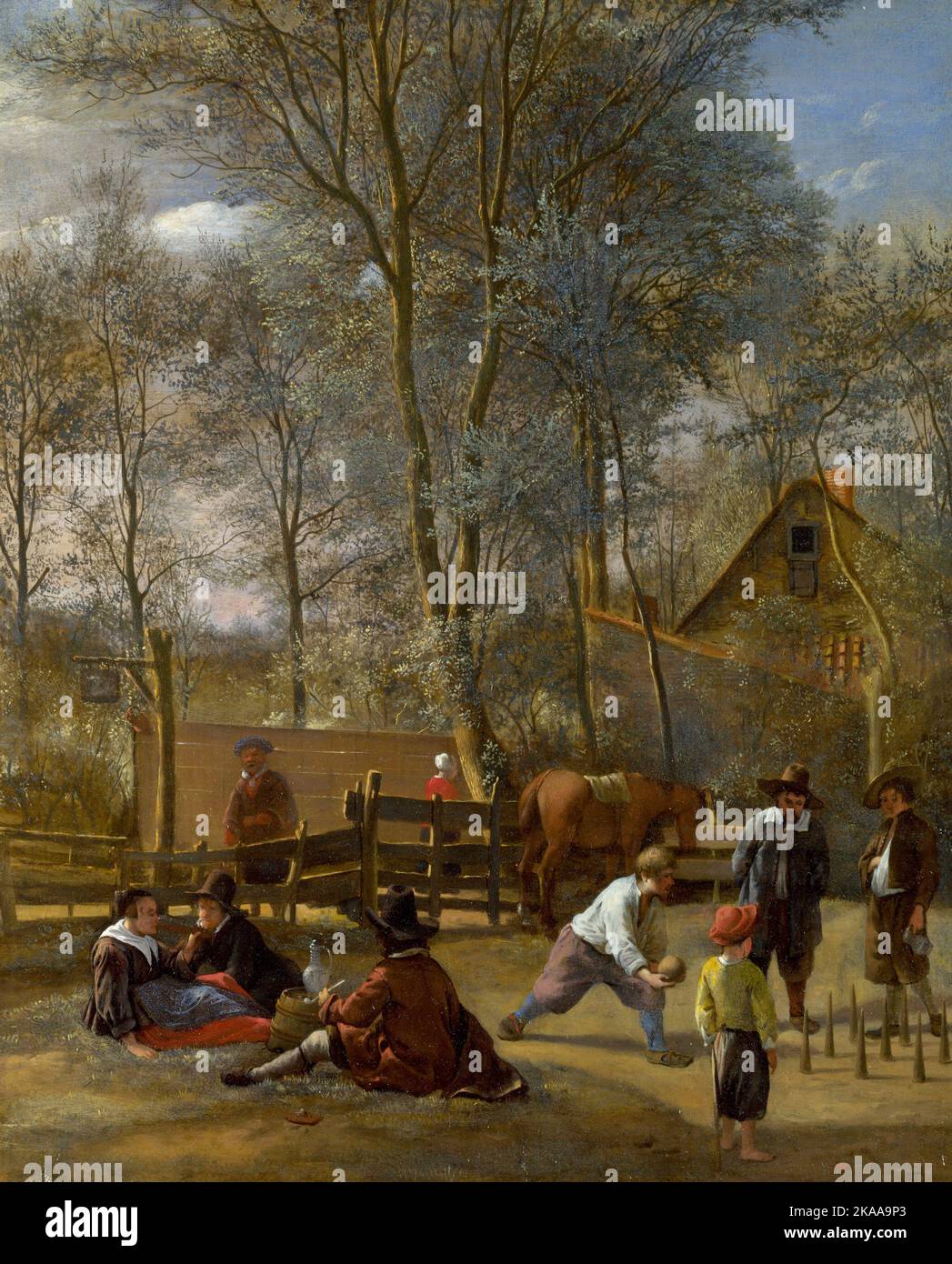 Skittles joueurs devant une auberge, 1660, peinture par Jan Steen Banque D'Images