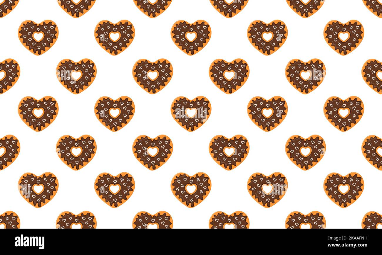 Motif sans couture en forme de coeur. Beignets doux avec fond de glace au chocolat pour la Saint-Valentin. Papier de raclage ou d'emballage, serviette en papier ou tissu de nappe. Illustration de dessin animé vectoriel Illustration de Vecteur