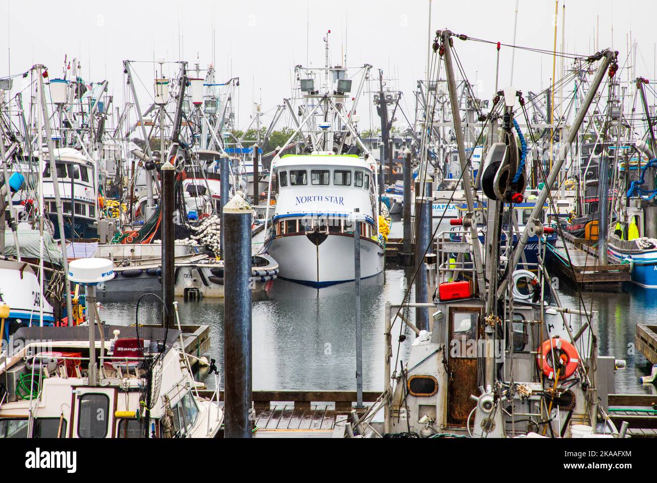 Bateaux de pêche commerciaux et bateaux d'affrètement dans le port de foggy; Kodiak; île de Kodiak; Alaska; États-Unis Banque D'Images