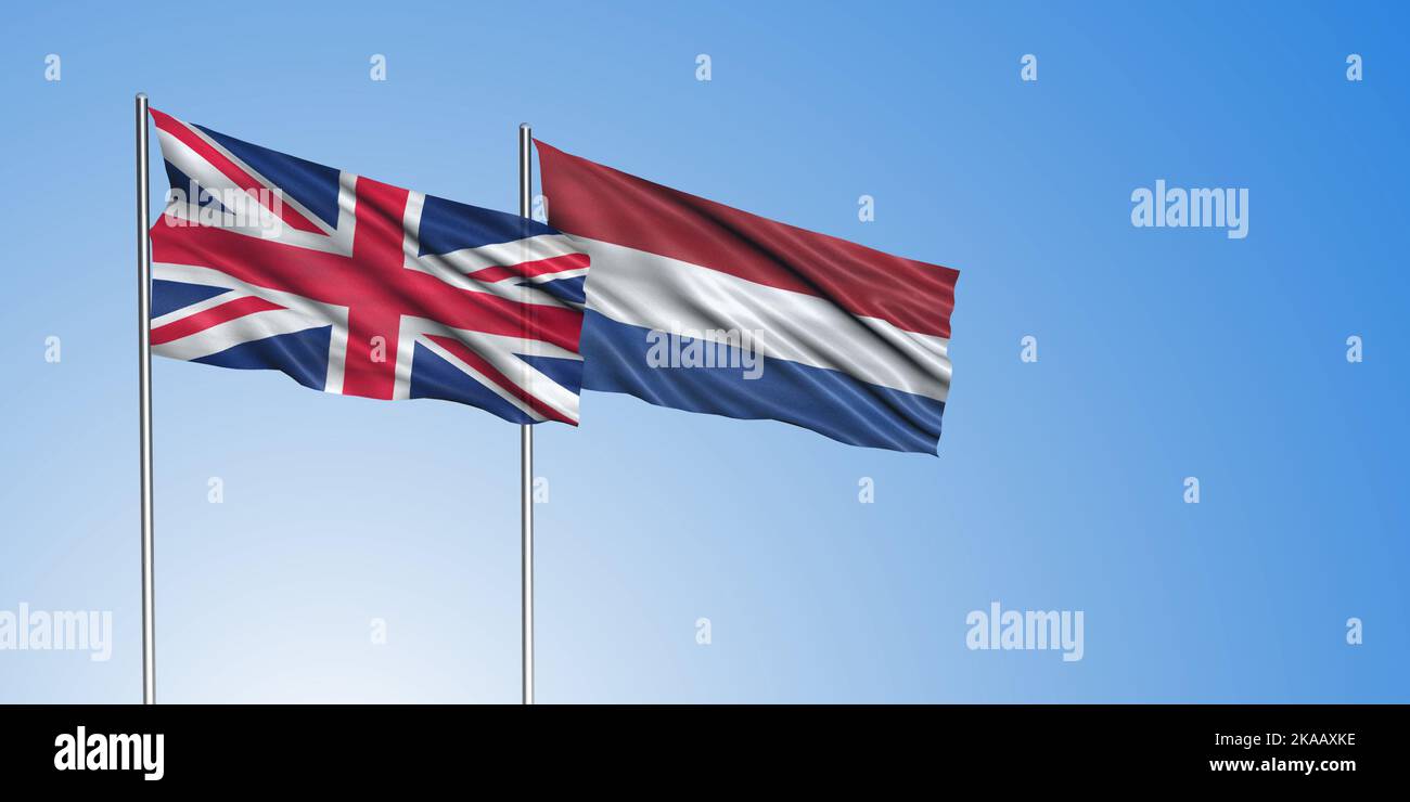 Drapeau du Royaume-Uni et drapeau des pays-Bas, drapeau de la Grande-Bretagne avec fond bleu ciel Banque D'Images