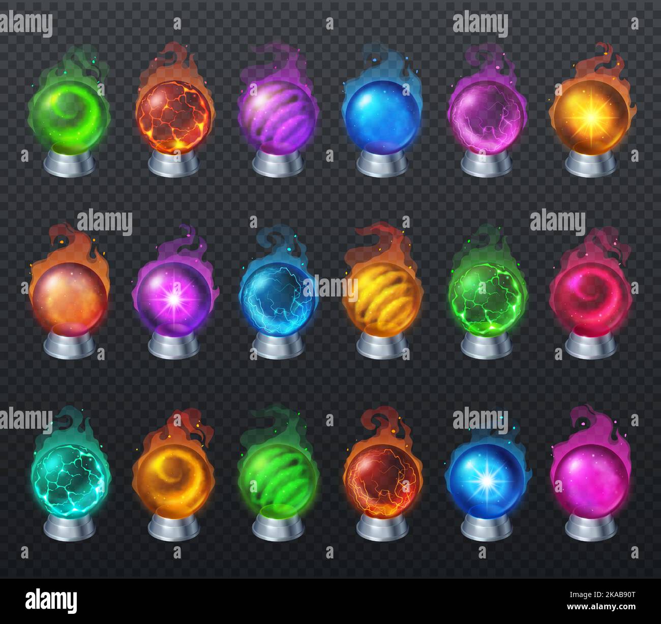 Billes de cristal magique, globes de tueur de fortune, sphères de verre d'oracle et d'halloween. Orbes lumineux avec lumières magiques et lumière mystère isolée sur fond transparent, réaliste vecteur 3D ensemble Illustration de Vecteur
