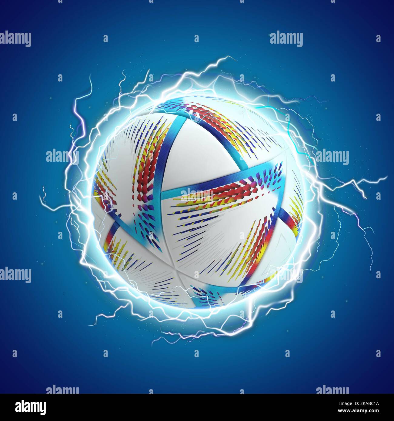 Coupe du monde fifa 2022 qatar. Ballon de football électrique, cadre d'éclairage rond 3D, illustration du rendu. Banque D'Images