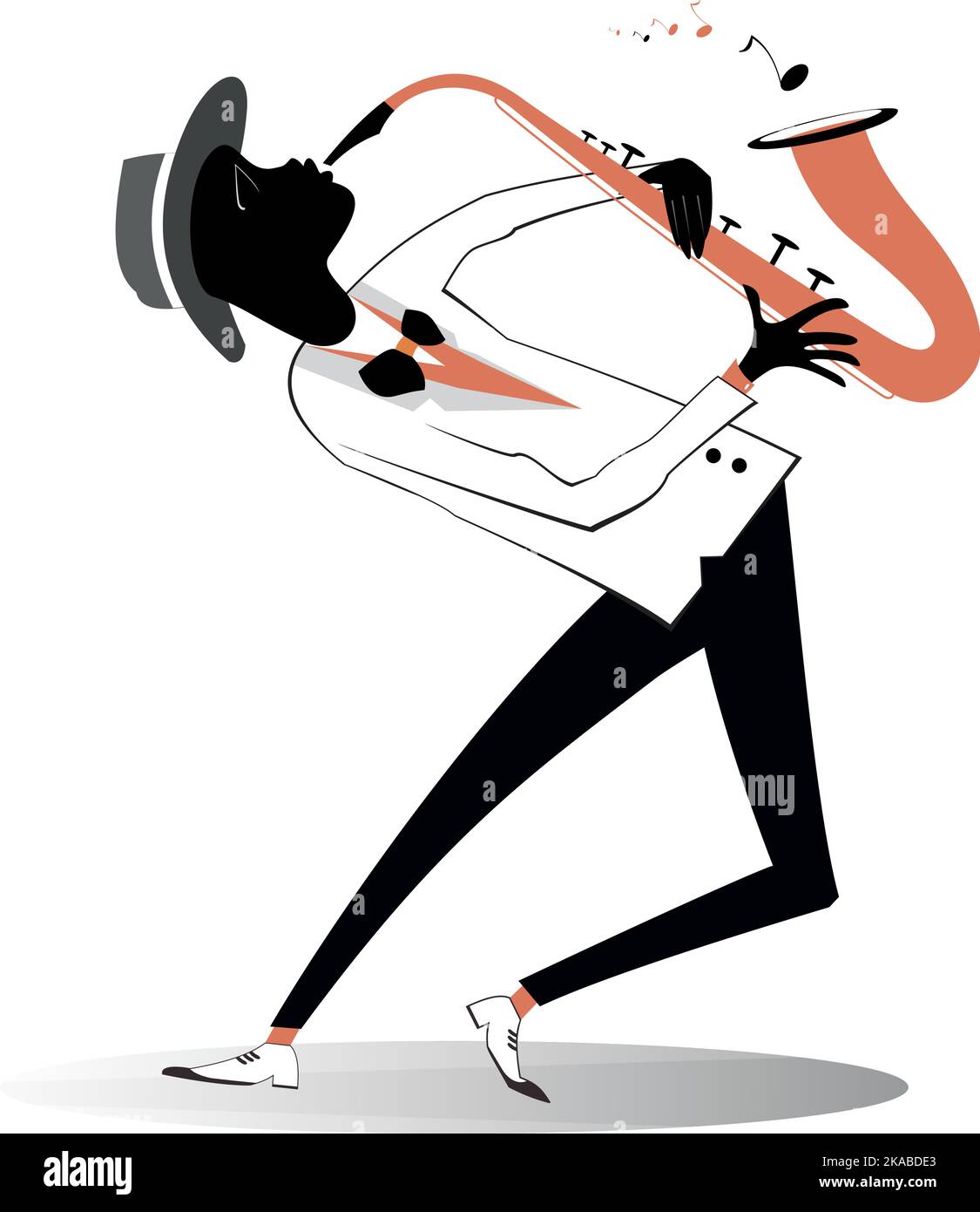 Illustration saxophoniste afro-américaine. Le saxophoniste afro-américain joue de la musique avec une grande inspiration isolée sur le blanc Illustration de Vecteur