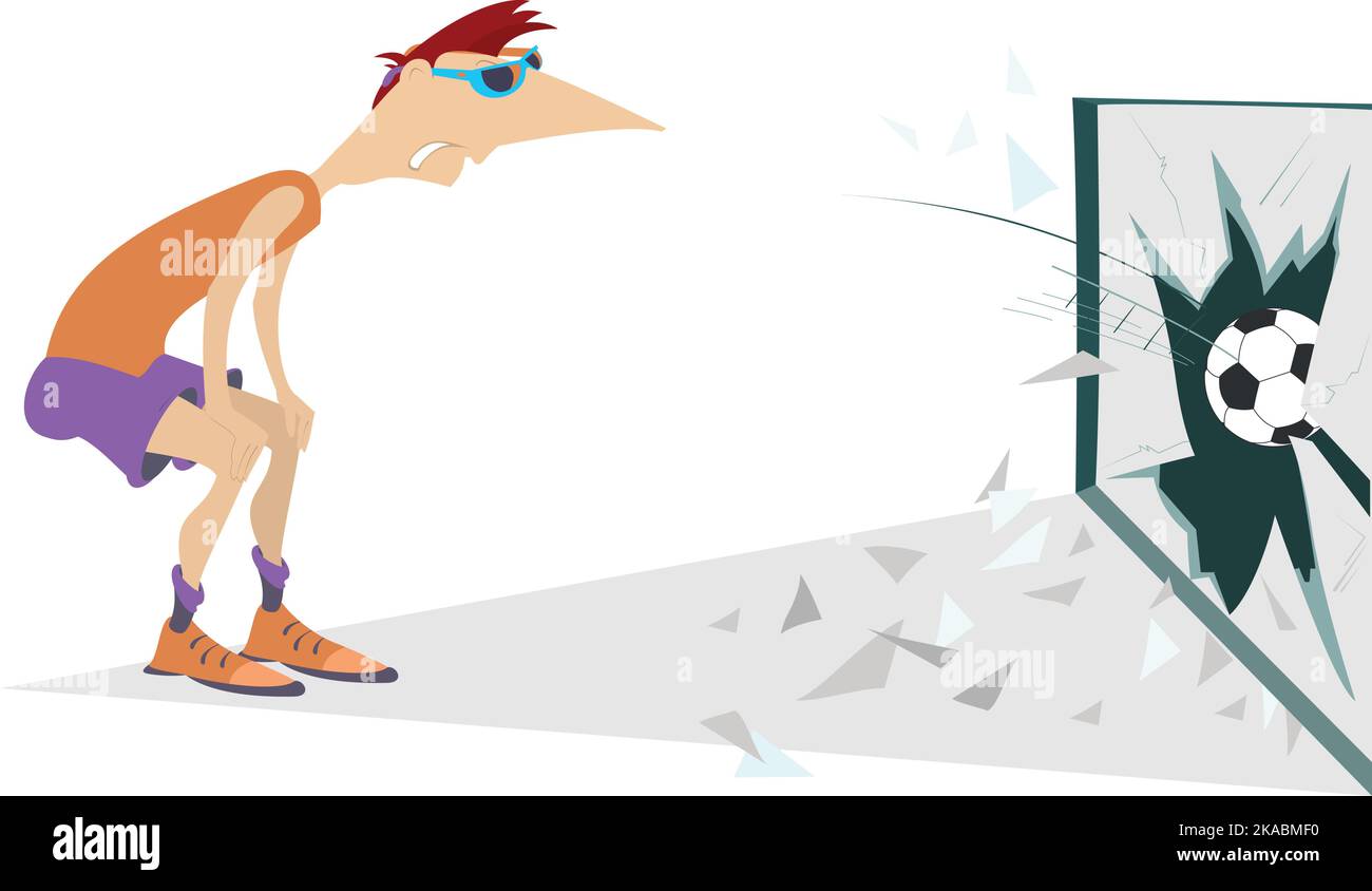 Un joueur de football de dessin animé a lancé une balle dans une illustration de fenêtre en verre. Un joueur de football confus regarde la vitre brisée par le ballon Illustration de Vecteur