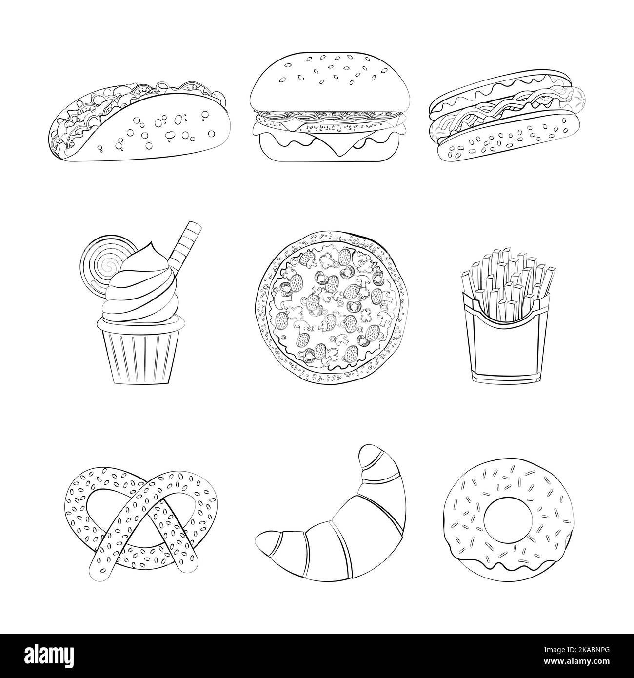 Un ensemble de produits de restauration rapide avec une ligne fine. Illustration de Vecteur