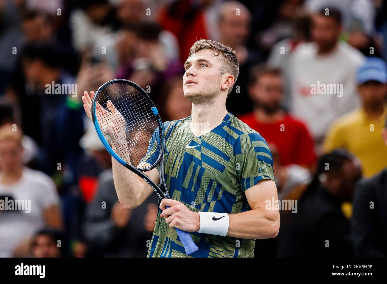 Paris, France - 01 novembre : Jack Draper, de Grande-Bretagne, célèbre après avoir remporté Arthur Rinderknech, de France, lors du deuxième jour du Rolex Paris Masters au Palais Omnisports de Bercy sur 1 novembre 2022 à Paris, France. (Photo par Antonio Borga/Eurasia Sport Images) (photo par Eurasia Sport Images/Just Pictures/Sipa USA) Banque D'Images
