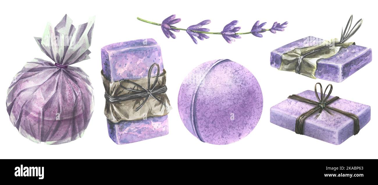 Savon et bombes de bain faits main. Illustration aquarelle. Ensemble miniature de la collection SPA LAVANDE. Pour la décoration et le design, les compositions, les étiquettes de prix Banque D'Images