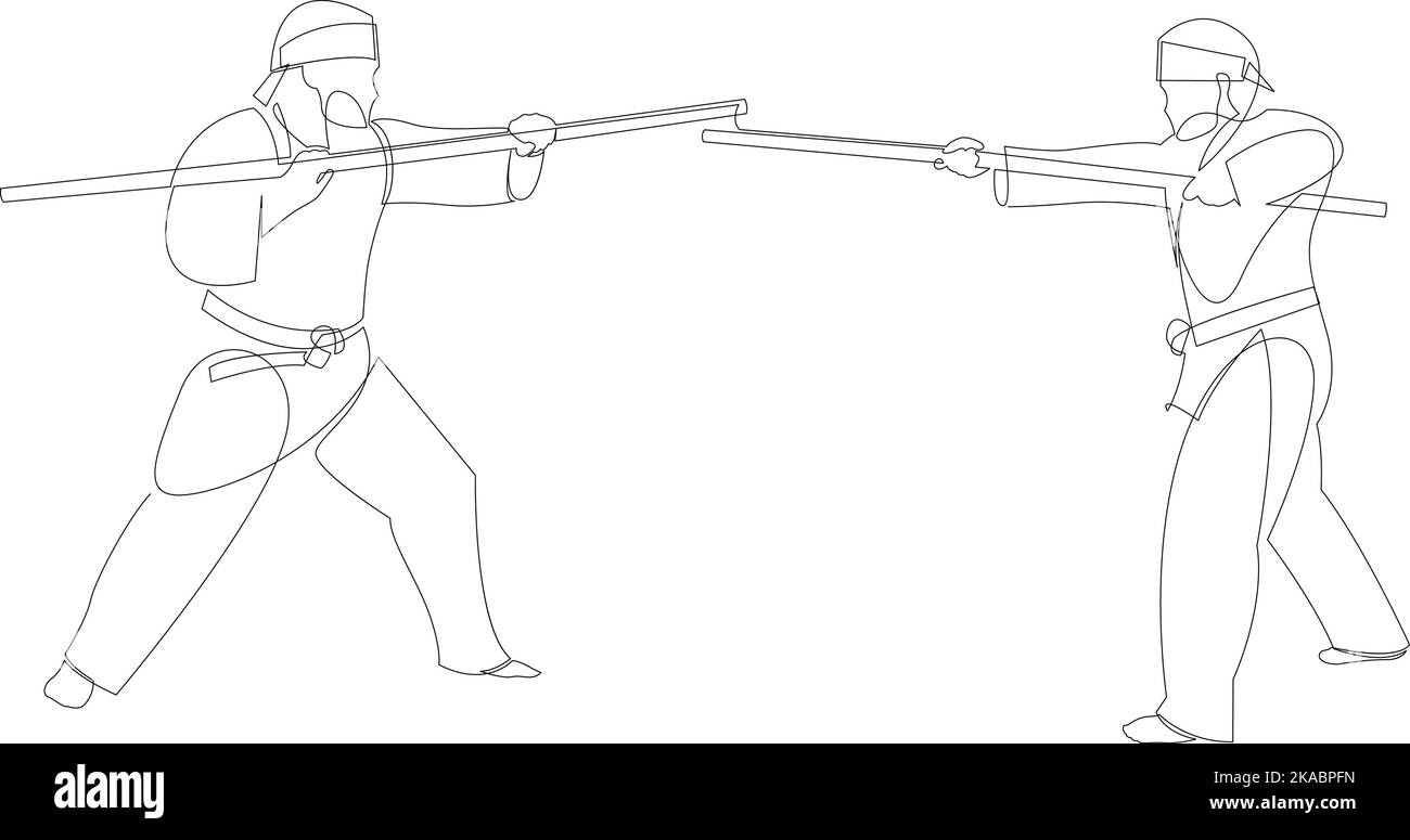 Dessin continu de la composition kung fu des arts martiaux avec combat oriental avec des bâtons. Illustration vectorielle Illustration de Vecteur