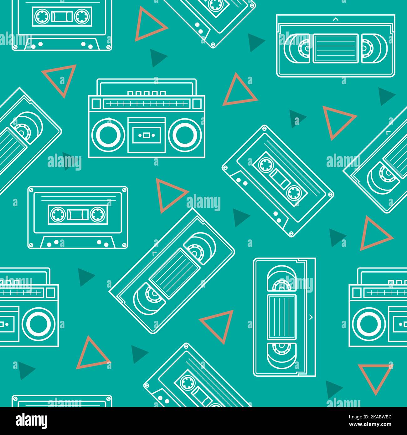 Motif sans couture avec lecteur de boombox rétro, cassettes audio et vidéo, style années 80. Illustration de Vecteur