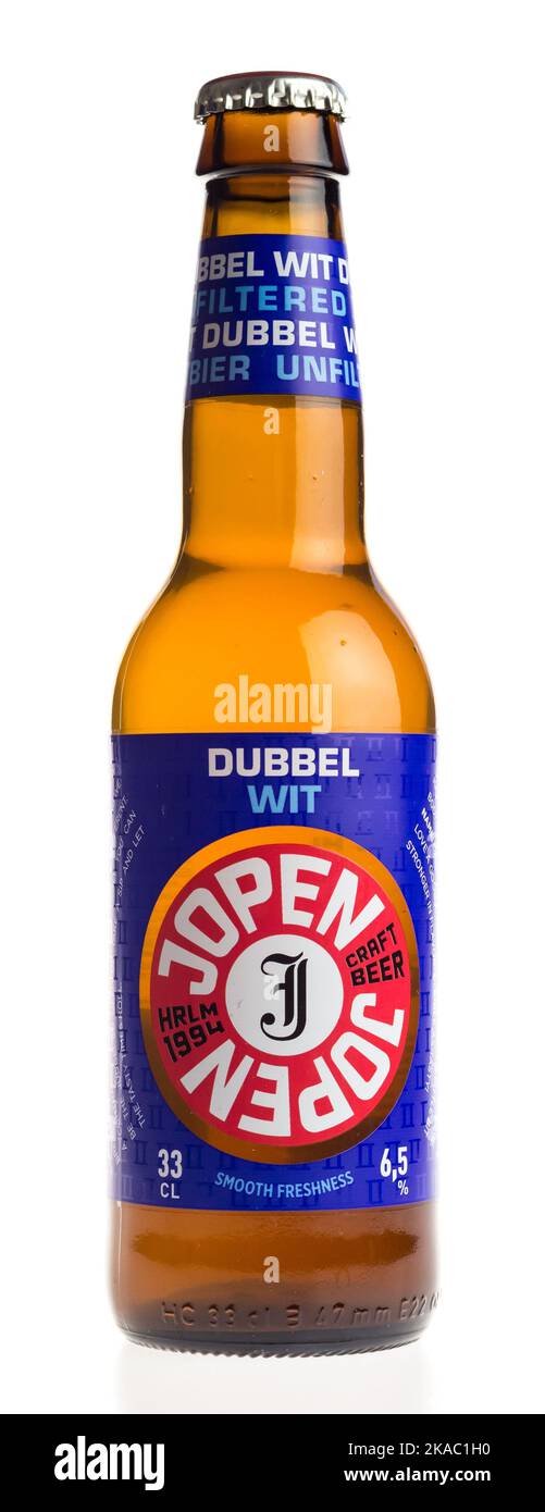 Bouteille de bière Jopen Dubbel sur fond blanc Banque D'Images