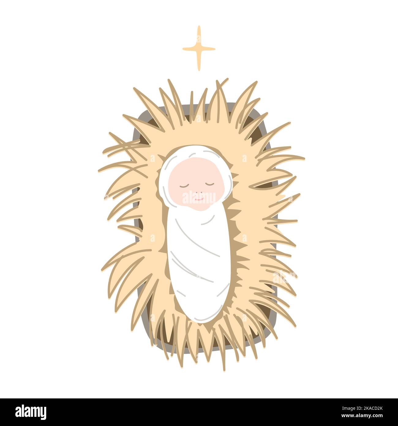 Bébé Jésus allongé sur le foin dans une mangeoire. Une icône de Noël en forme de joyeux Noël pour la Sainte famille. Illustration vectorielle isolée de dessin animé Illustration de Vecteur
