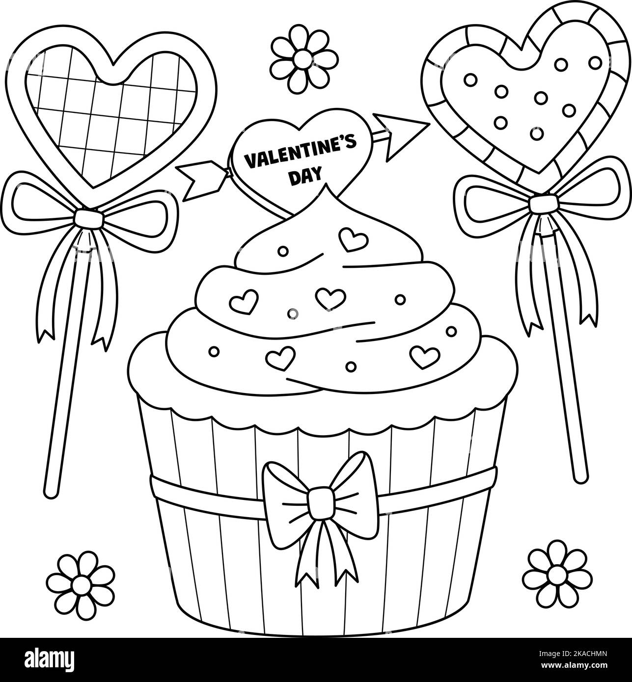 Page de coloriage de Saint-Valentin cupcake et bonbons Illustration de Vecteur