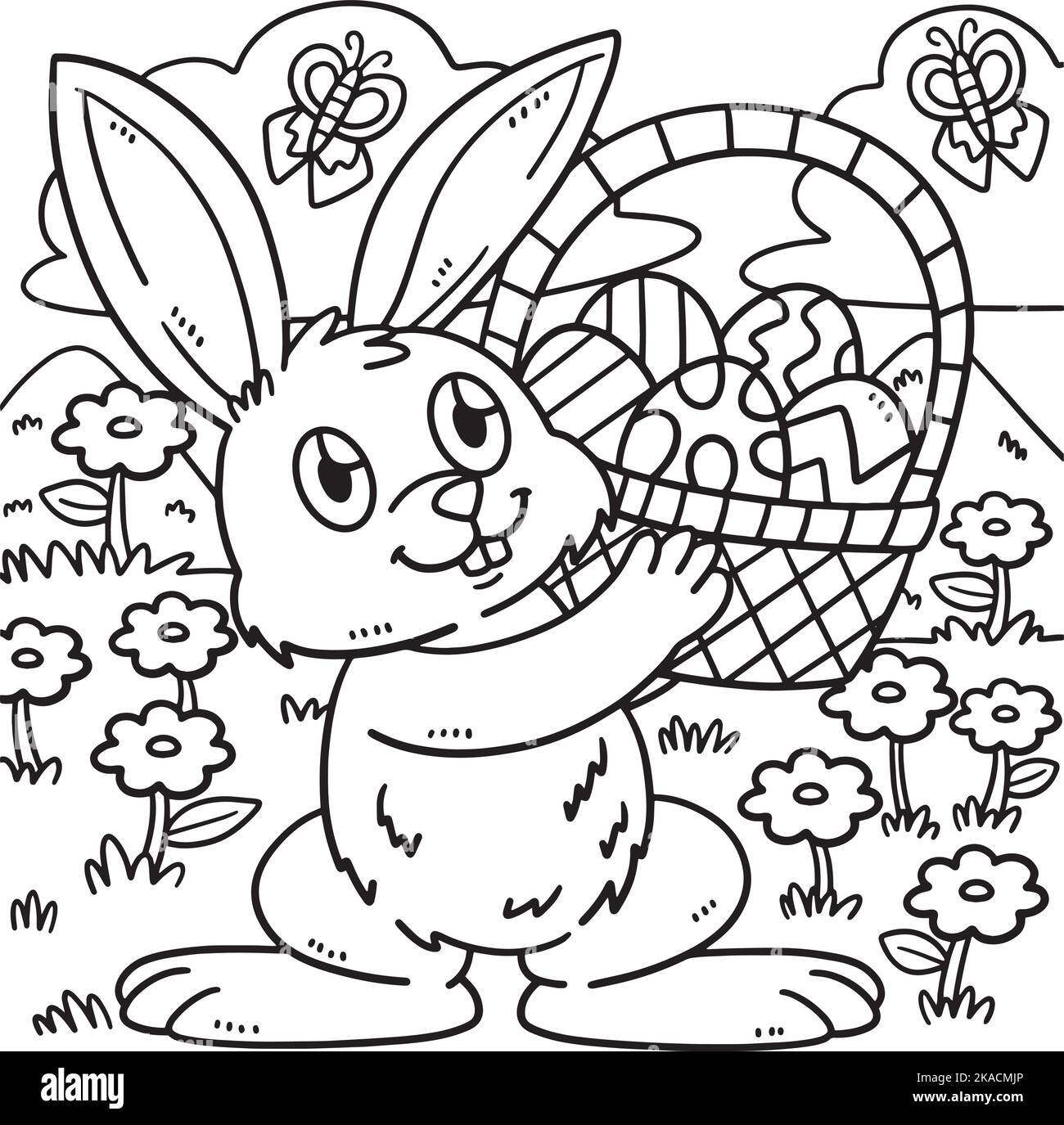 Lapin et panier d'oeufs de Pâques coloriage page Illustration de Vecteur