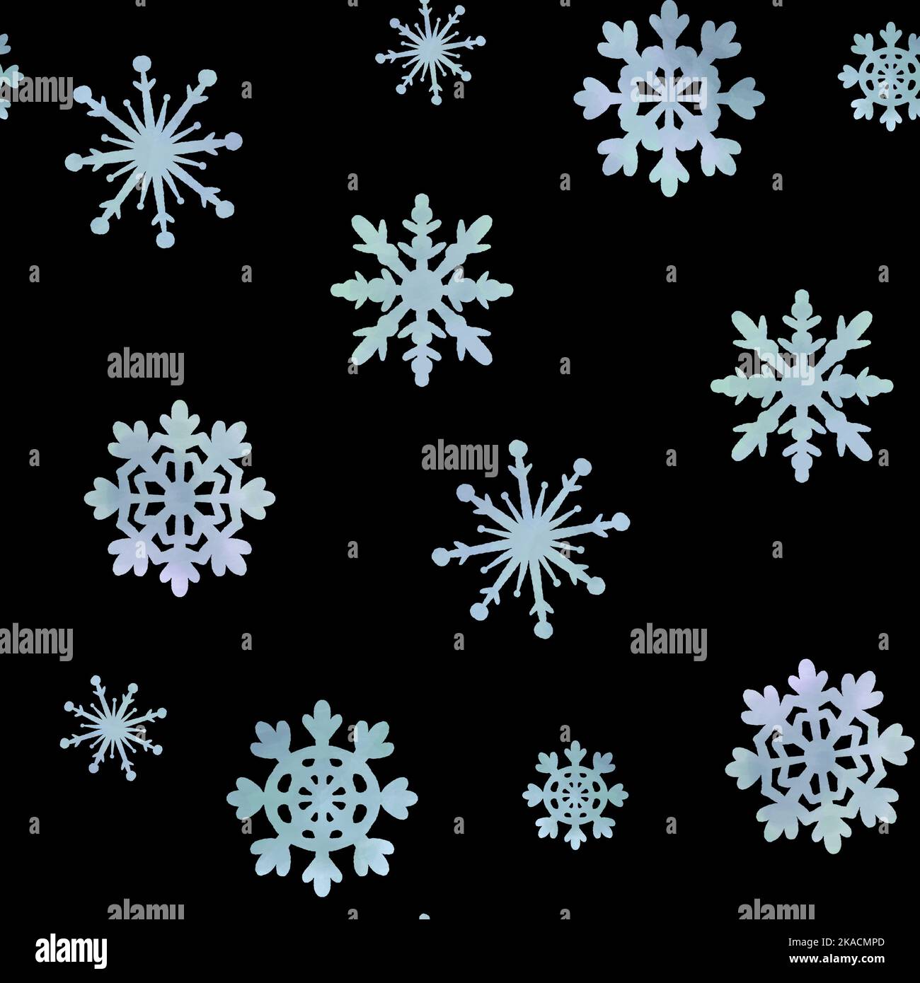 Motif sans couture aquarelle neige. Flocons de neige bleus dégradés texturés dessinés à la main sur fond noir. Magnifique fond de flocons de neige classiques. Banque D'Images