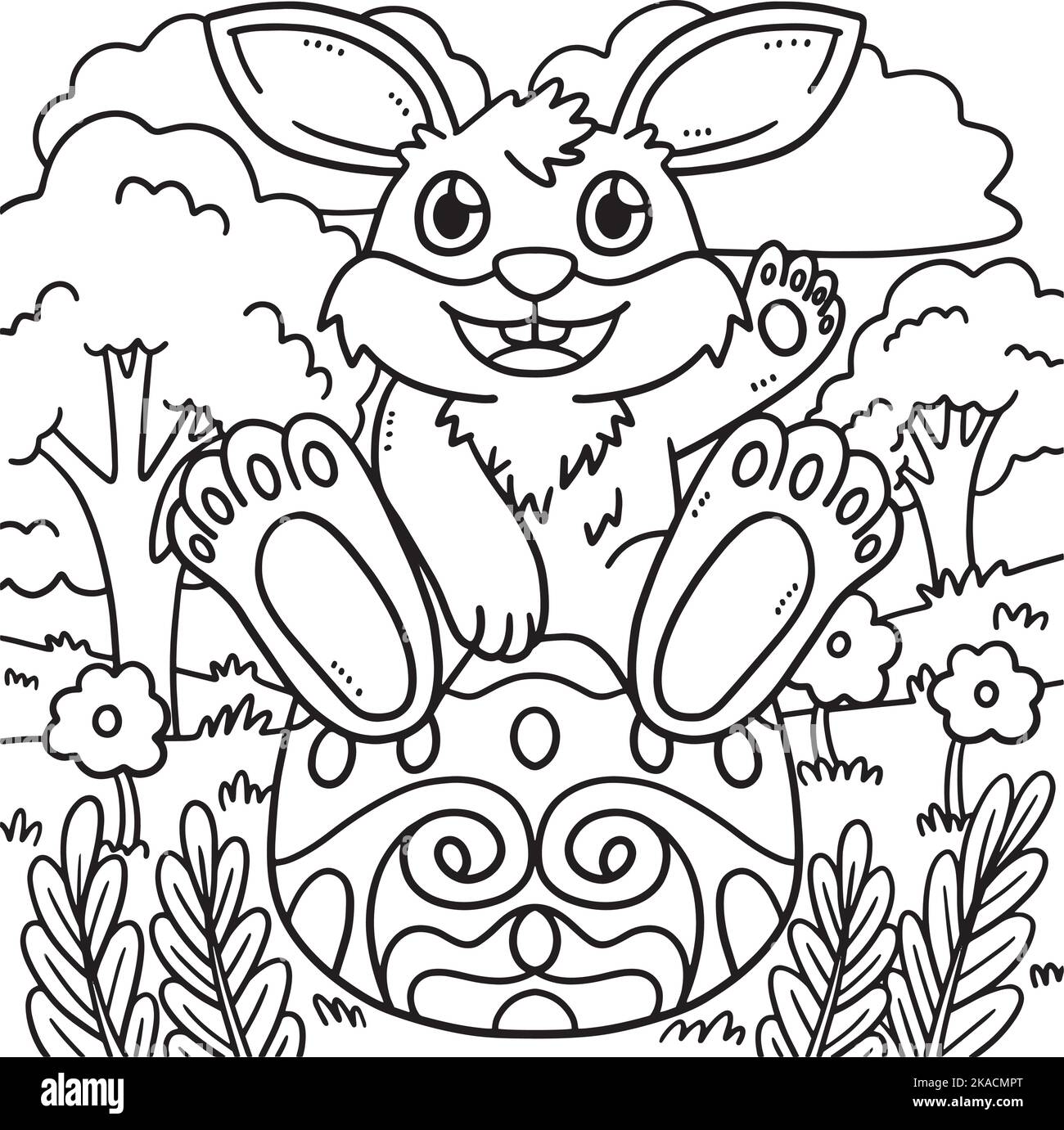 Lapin assis sur la page de coloriage de l'œuf de Pâques Illustration de Vecteur