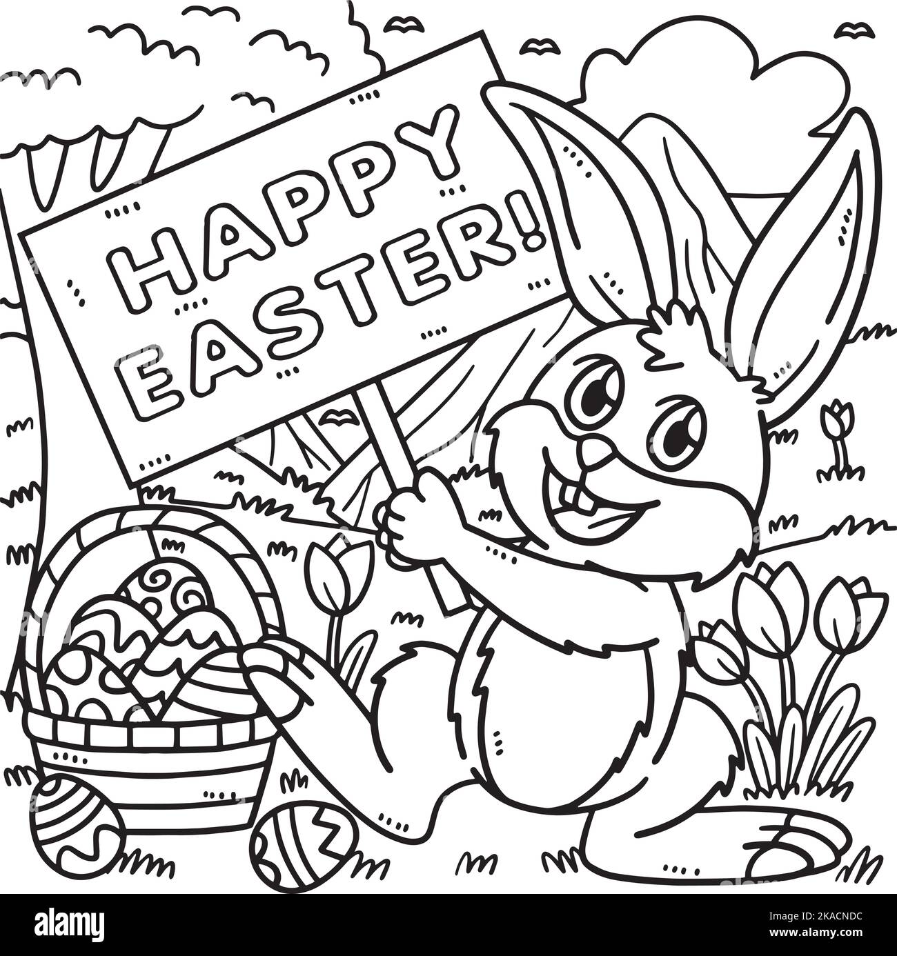 Lapin tenant Happy Pâques coloriage page pour les enfants Illustration de Vecteur