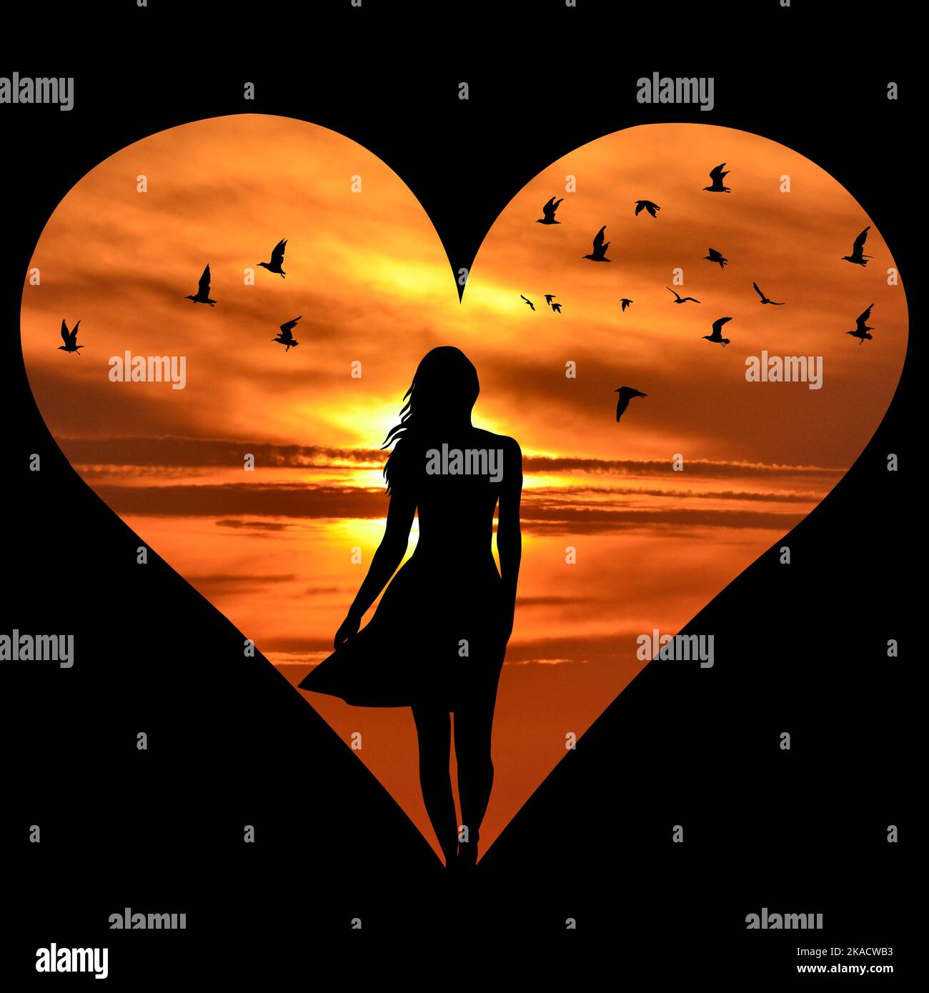 Forme de coeur avec silhouette de femme et oiseaux volants au-dessus du ciel de coucher de soleil Banque D'Images