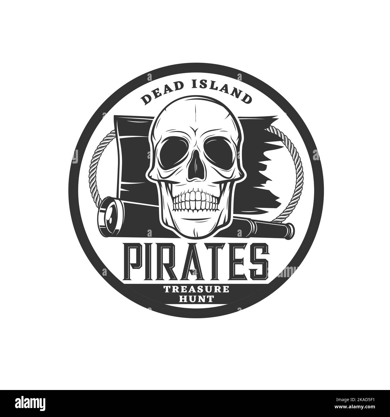 Icône du crâne de pirate, aventure sur l'île au Trésor et symbole vectoriel de marins à succès. Symbole de chasse au Trésor pirate représentant un crâne et une épave de navire avec spyglass capitaine, buccaneer marin et badge de voleurs de mer Illustration de Vecteur
