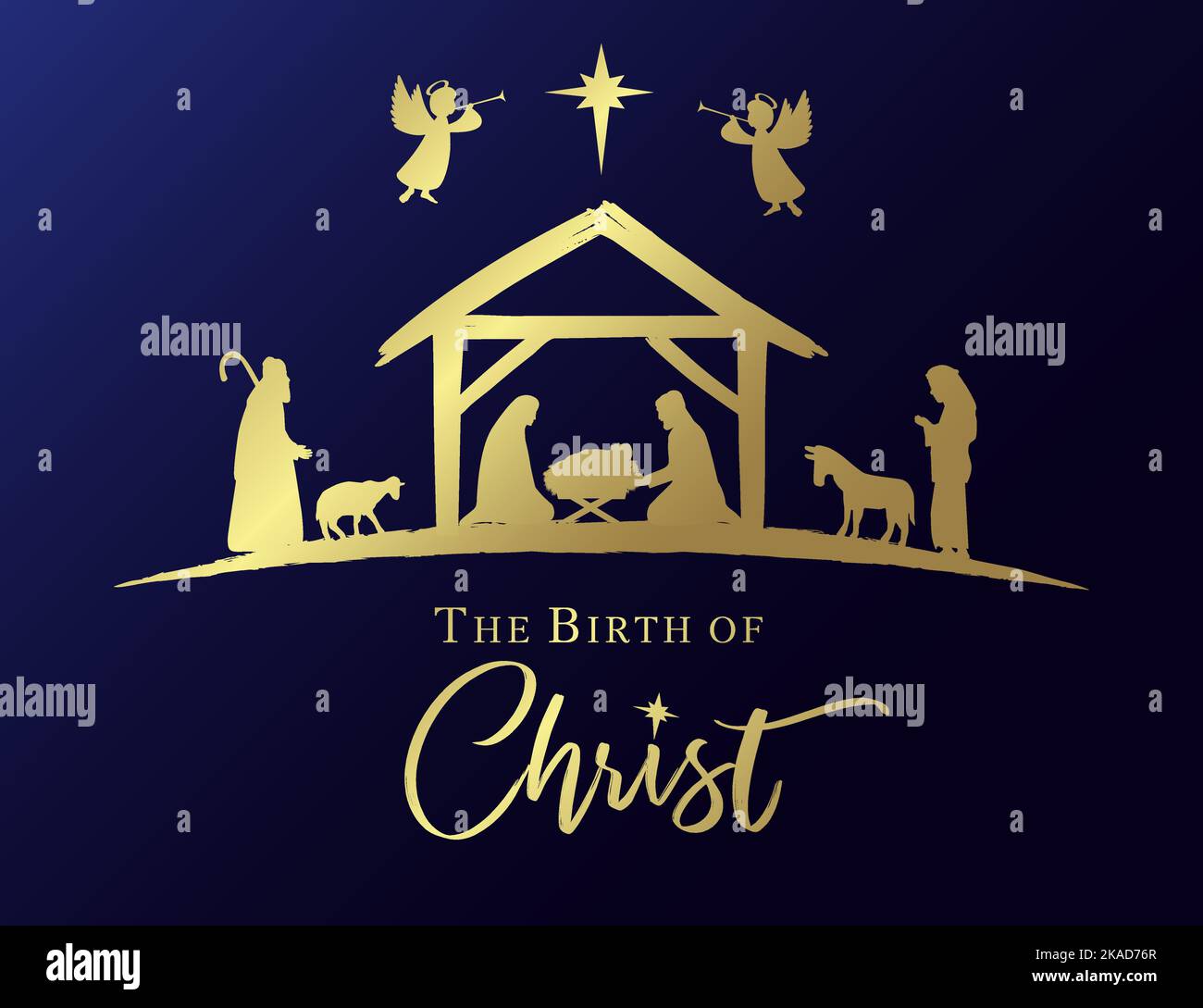 La naissance du Christ, scène de la nativité de Noël carte d'or. Marie