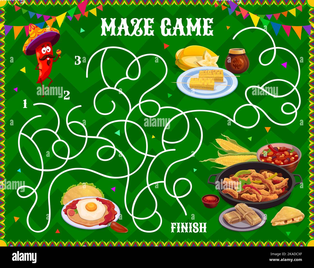 Labyrinthe labyrinthe de labyrinthe jeu cuisine mexicaine. La fiche de travail du quiz vectoriel pour enfants aide le personnage du piment jalapeno à trouver la voie à la viande grillée fajitas, soupe de haricots, œuf frit sur le maïs et les aliments de tamales Illustration de Vecteur