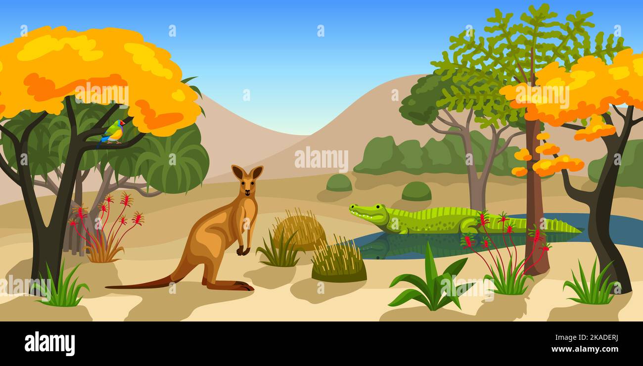 Animaux australiens paysage fond avec kangourou crocodile amadina arbres exotiques et plantes illustration vectorielle plate Illustration de Vecteur