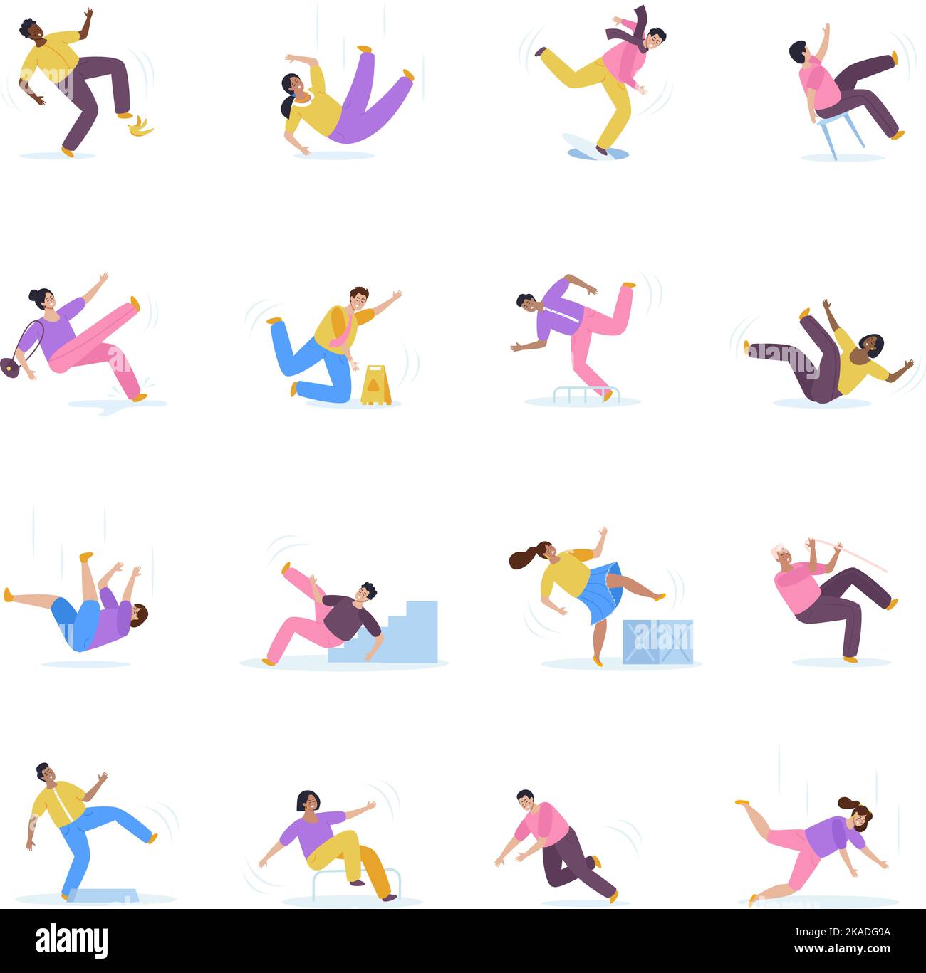 Les gens tombent des icônes plates ensemble avec des hommes et des femmes trébuchement tombant dans les escaliers glissant illustration vectorielle isolée Illustration de Vecteur