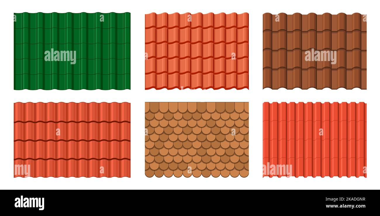 Arrière-plan des tuiles de toit. Maison toit en terre cuite carreaux de céramique motifs, architecture surface en brique d'argile ou fonds vectoriels. Ensemble de textures de matériaux de tôle ou de tôle de céramique pour le toit de construction Illustration de Vecteur