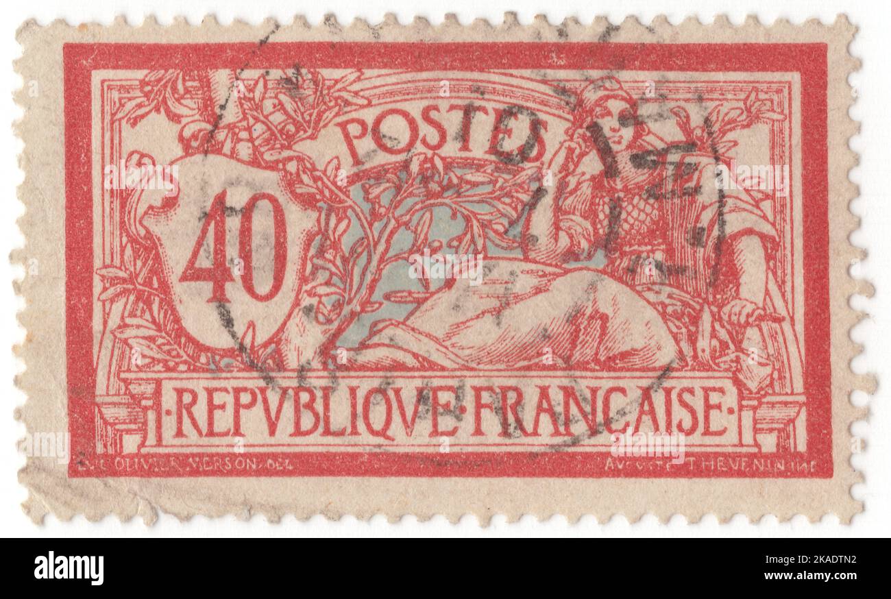 FRANCE - 1900 : timbre-poste rouge et bleu pâle de 40 centimes représentant l'allégorie liberté et paix. Numéro standard « Merson », conçu par Nicolas Luc-Olivier Merson Banque D'Images