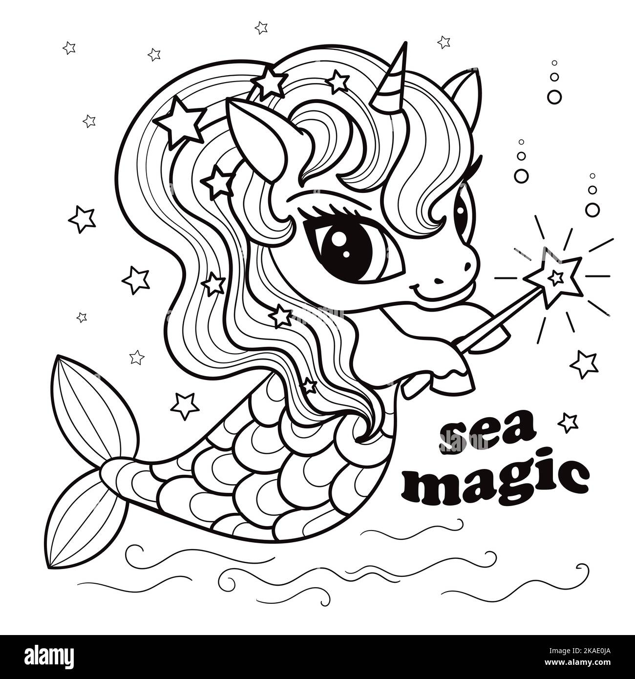 La magie de la mer. Licorne sirène. Dessin linéaire noir et blanc. Vecteur Illustration de Vecteur