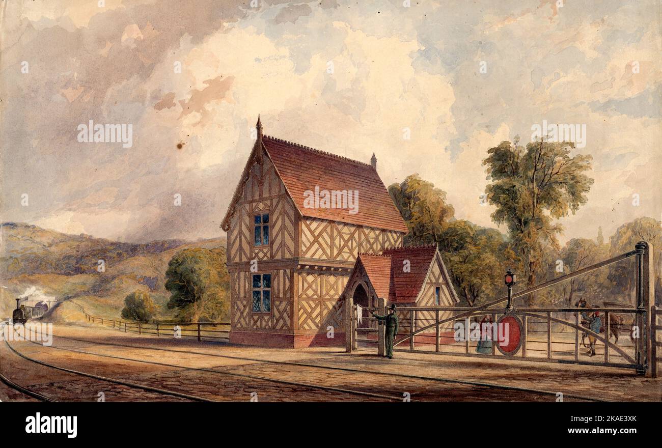 Tudor style Rural train Station and Railroad Crossing 1844–77 par John Connell Ogle Banque D'Images