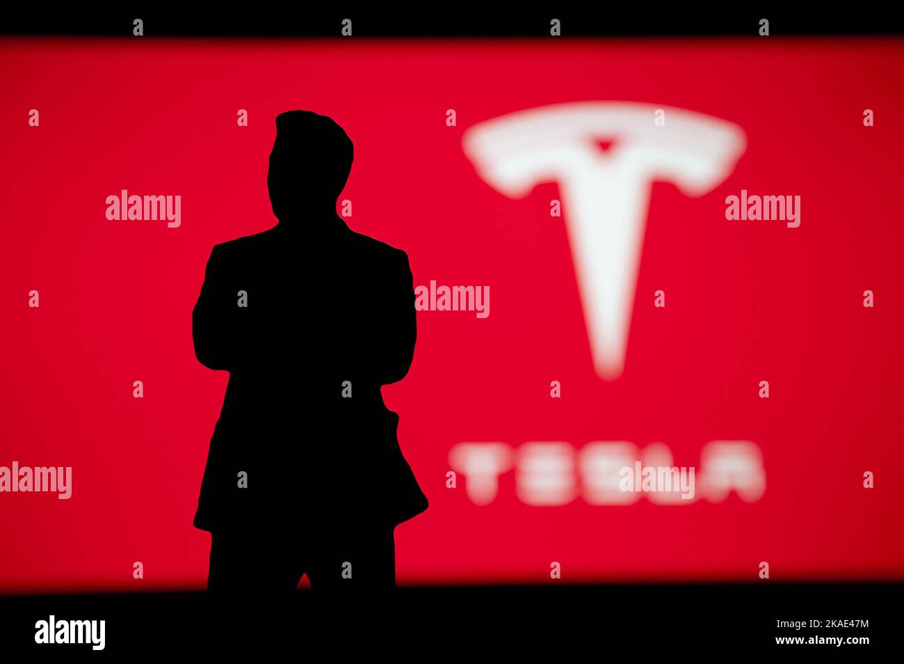 NEW YORK, ÉTATS-UNIS, 2. 2022 OCTOBRE : silhouette d'homme d'affaires Elon Musk sur présentation de Tesla, logo de la société sur fond rouge Banque D'Images
